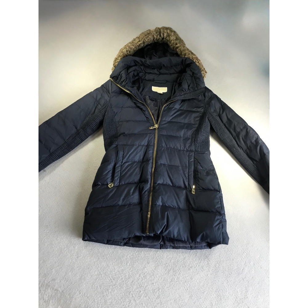 Michael Michael Kors Navy Puffer Jacket Faux Fur Hood Ribbed Trim Small